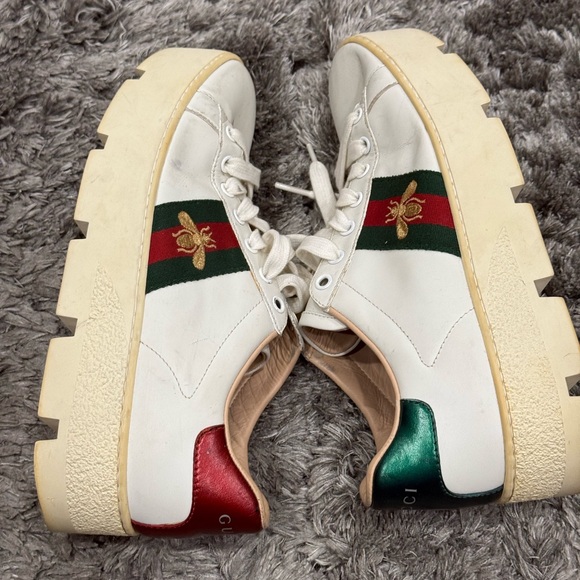 Gucci White Leather Web Bee Embroidered Platform Ace Sneakers - Picture 9 of 13